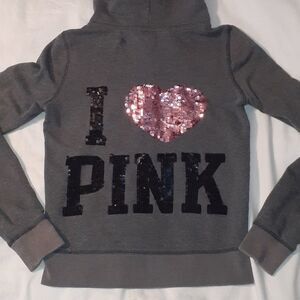 Sequin 2010 Victoria's Secret Pink Full Zip Hoodie Bling I ❤ Pink‎ On Back Small